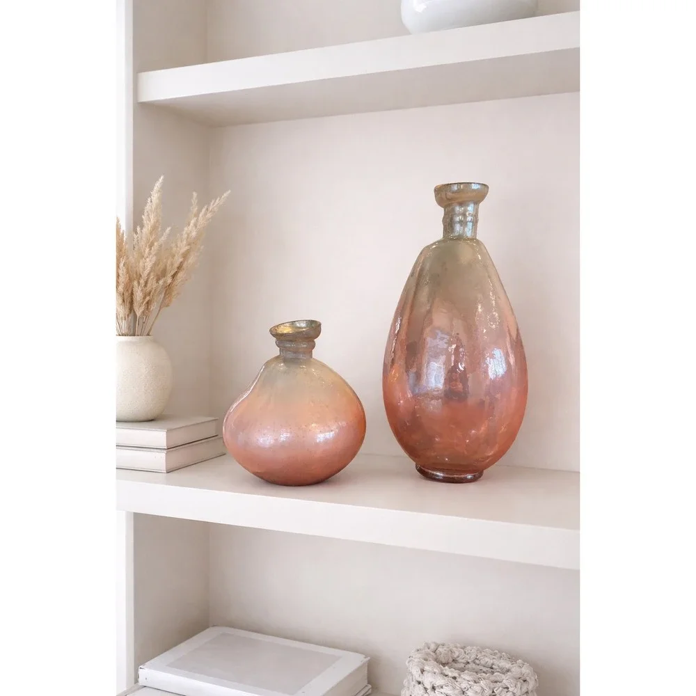 John Richard Hand Blown Iridescent Ombre Glass Vase Set Pink White 2 Piece Decor